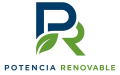 Logotipo de Potencia Renovable con letras azules y una hoja verde integrada en una estructura cuadrada